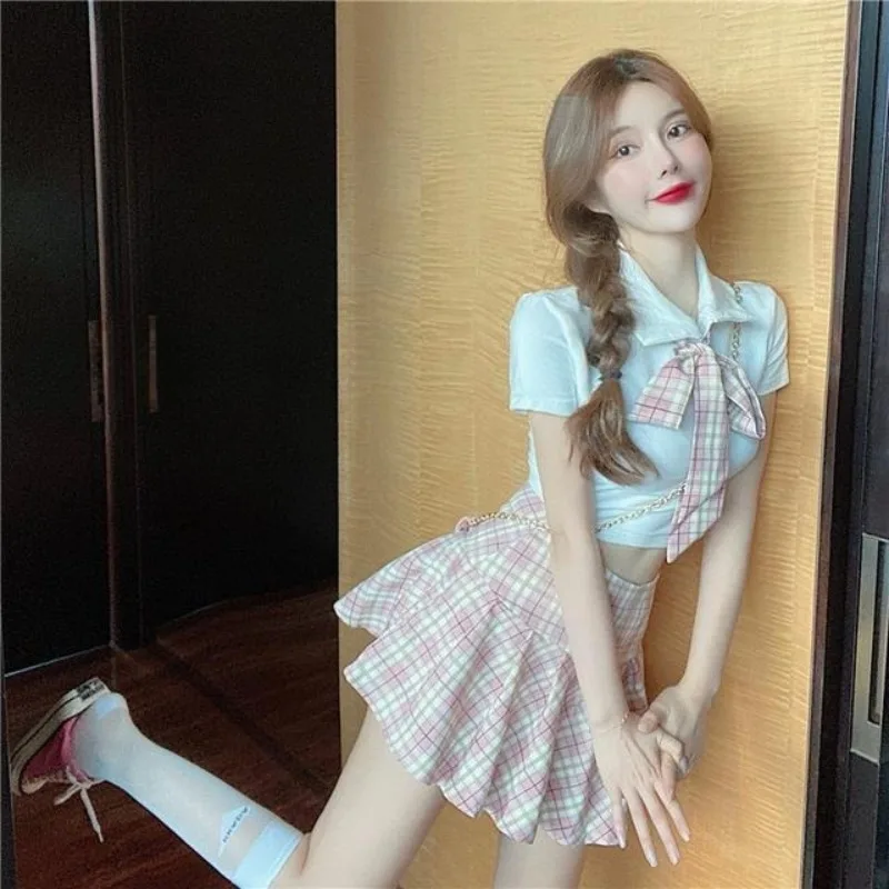

Y2k Sexy Crop Top Slim Fit Short Sleeve Shirt Women+ High Waist Ruched Plaid A-line Skirts 2025 Summer New Two Piece Sets