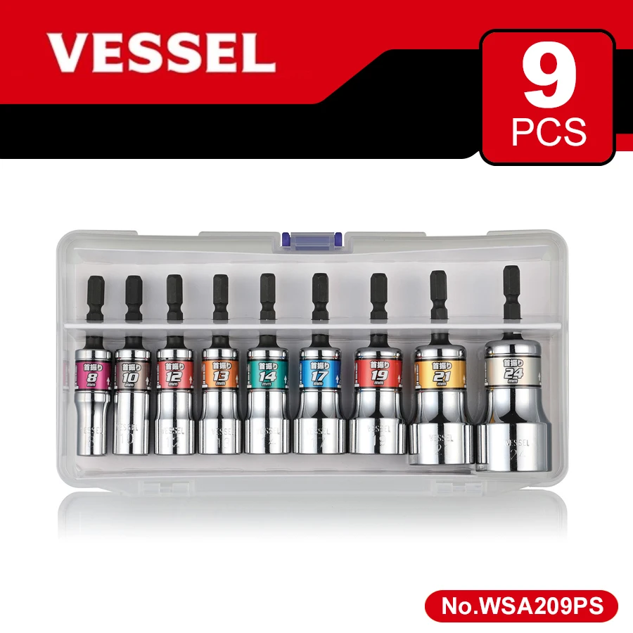 

VESSEL WSA209PS 9 PCS Hard Forged Sockets Set A/F8-24 Socket Adapter Nut Removal Tools electrician tools