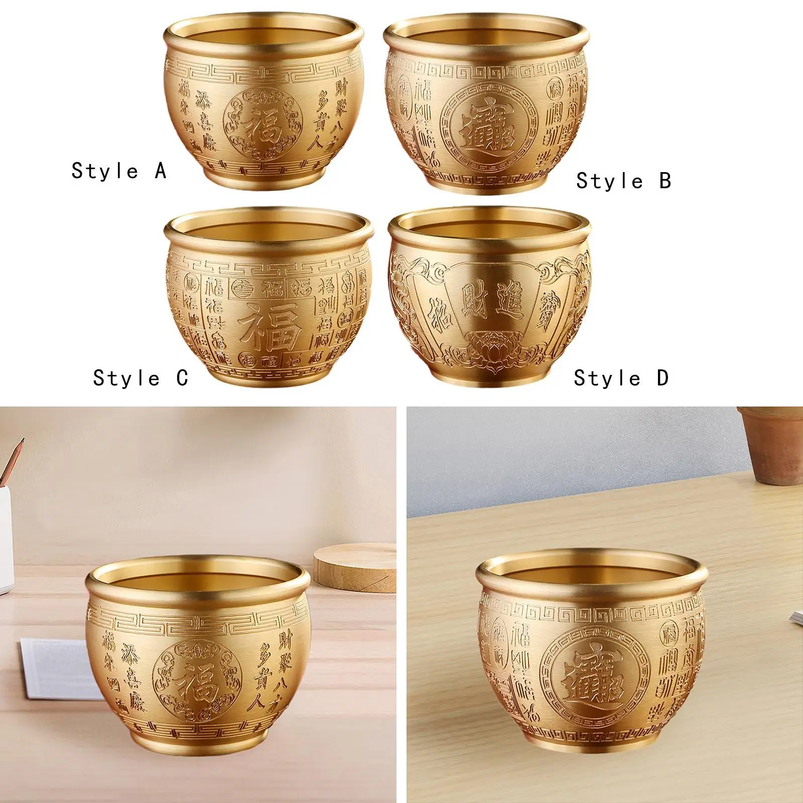 Golden Chinese Treasure Bowl Brass Decorative Feng Shui Money Bowl with Blessing Characters Cornucopia Design for Spring