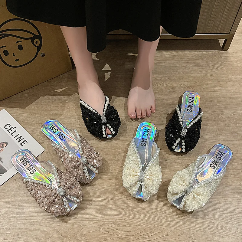 Low Slippers Women Summer Loafers Female Shoes Cover Toe Slides Fashion Soft 2025 Flat Luxury Bling Rubber PU Basic Loafers Low