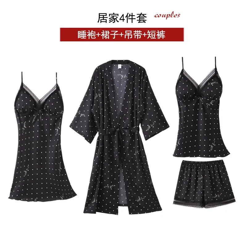 FZSLCYIYI Women\'s Pajamas Silk Polka dot 5Pcs set nightwear Satin Pajamas Sexy Lace Pyjama Nightie Sleepwear Home Clothes