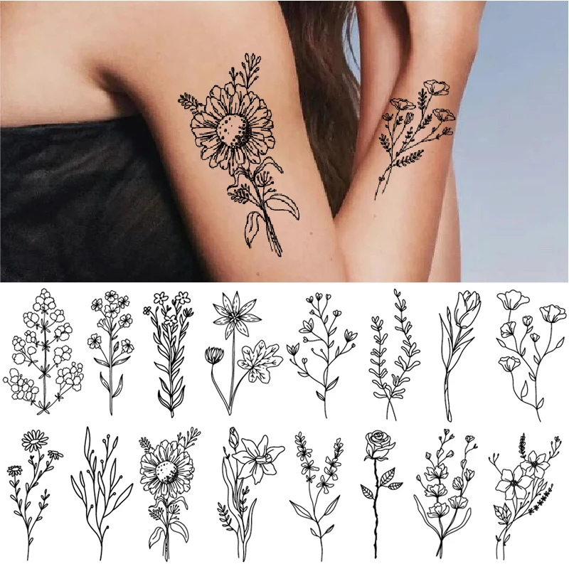 1pc flor preta tatoo adesivos 20 estilos diferentes à prova dwaterproof água temporária gradiente tatuagem remendo suco de ervas unisex tatuagem remendo