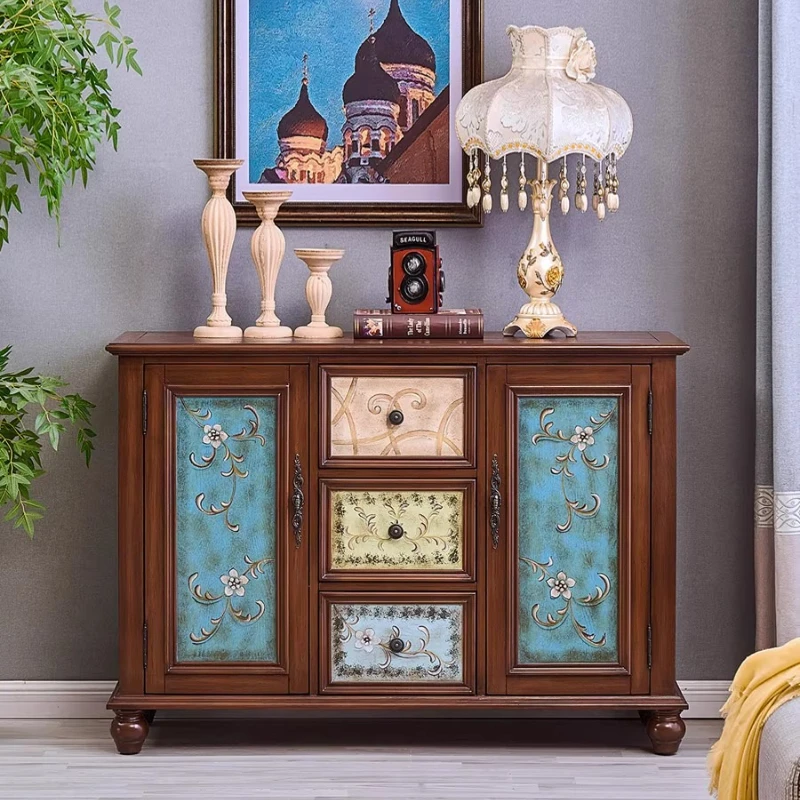 

American entrance solid wood retro painted wall side cabinet European living room aisle side cabinet