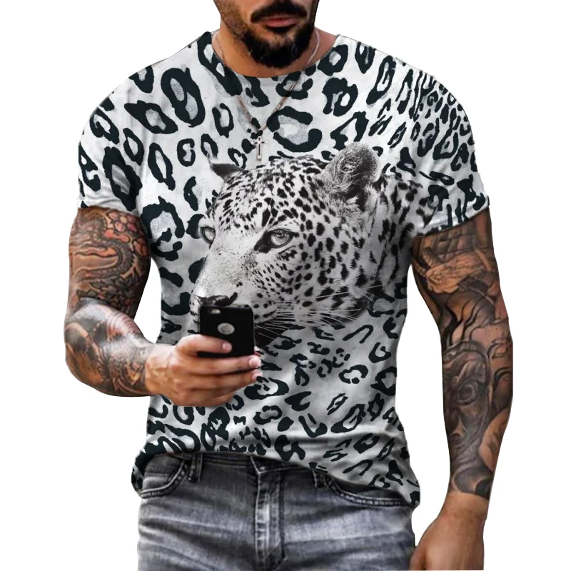 Summer Creative Fashion 3D HD Printing T-shirt Men\'s Personality Leopard Trend Retro Harajuku Street Hip-hop Casual Top Shirt