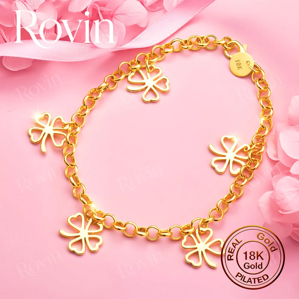 18K Gold 8-inch Delicate Openwork Four-Leaf Clover Bracelet - Stylish Women's Wedding Party Jewelry