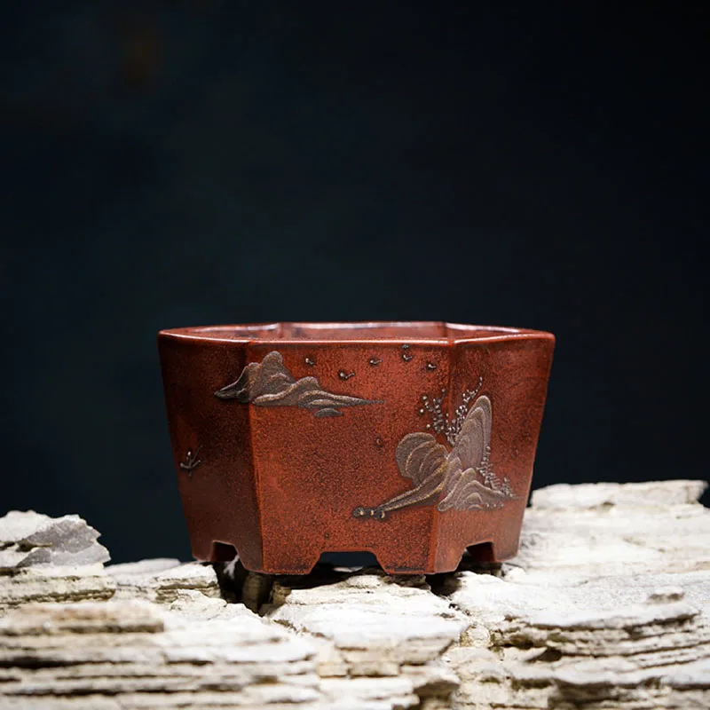 Ceramic Hexagon Bonsai Pot, Chinese Pattern, Chinese Retro Classical, Home Garden, Room Table Decoration