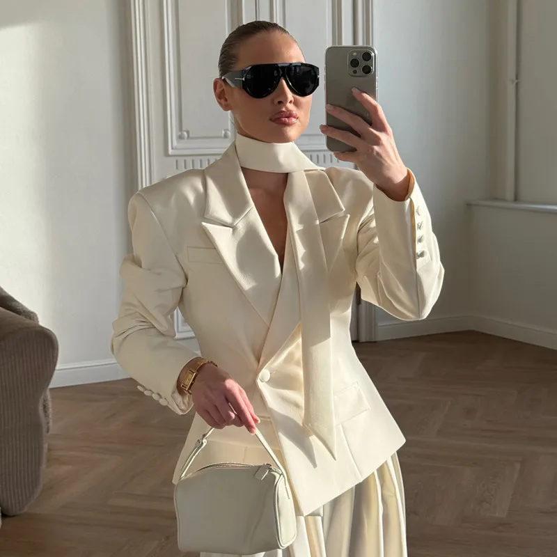 2025 Autumn Elegant Women's Suit Jacket Long Sleeve V-Neck Bandage Blazer Patchwork Design Slim Fit Office Lady Outwear Coat New