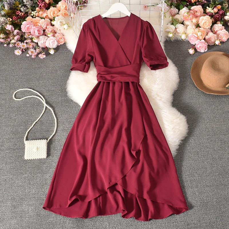 

Chiffon Short Sleeve Lace Up Ruffle Irregular Chiffon Long Dress Women 2021 Sexy Slim Elegant Office Ladies Bandage Party Dress