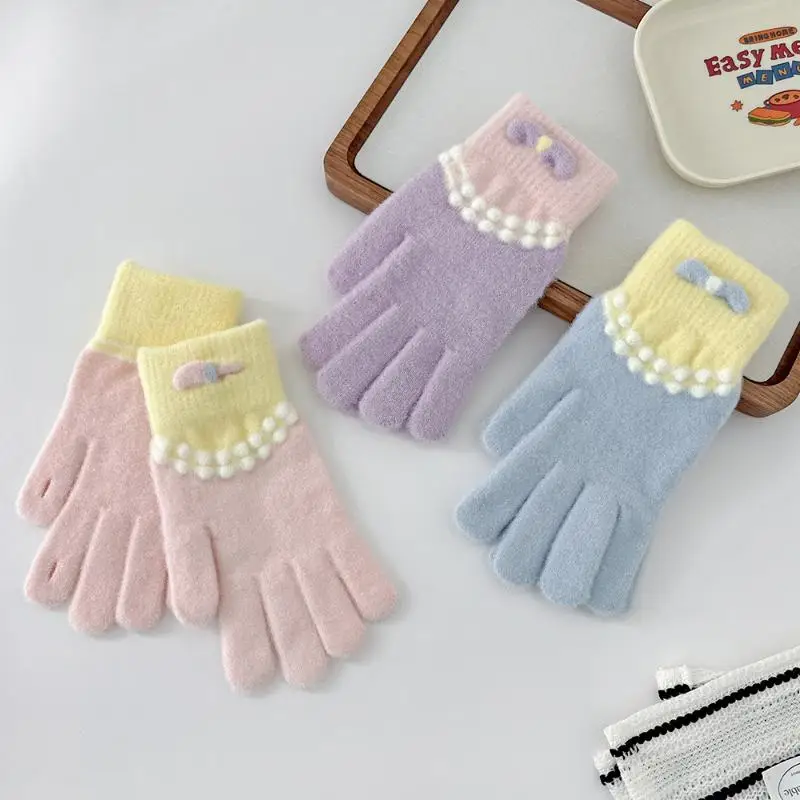 2025 귀여운 리본 니트 플러시 장갑 가을 겨울 따뜻한 다섯 손가락 사랑스러운 학생 겨울 장갑