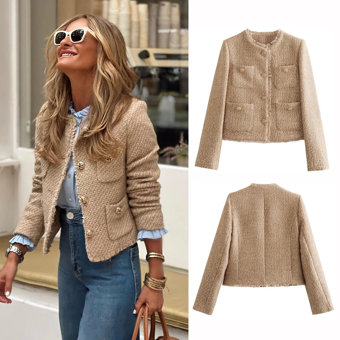 Women Chic Tweed Short Jacket Round Neck Frayed Edge Metal Buttons Long Sleeve Cropped Outerwear Elegant Office Fall Casual Coat