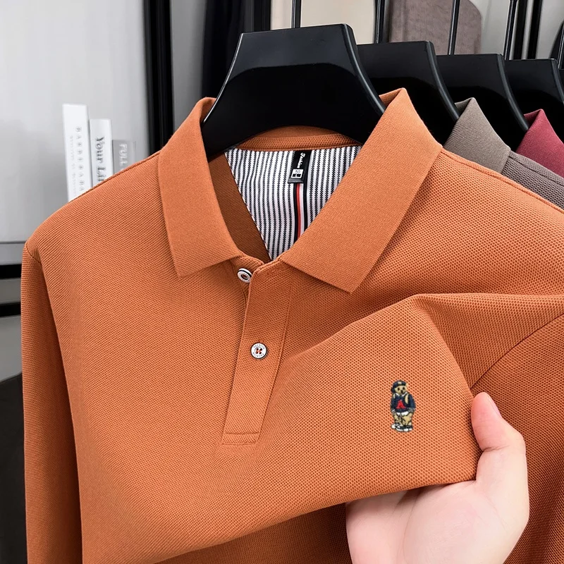 100% القطن الخالص الربيع والخريف جديد الرجال طويلة الأكمام مريحة عادية بولو قميص رائعة التطريز الدب تي شيرت