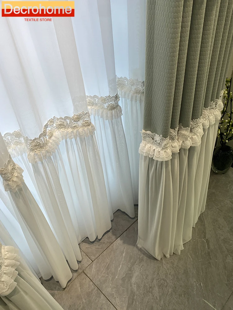 Custom Mint Green Lace Stitching Thickened Relief Chenille Curtains for Living Room Bedroom French Window Balcony Float Window