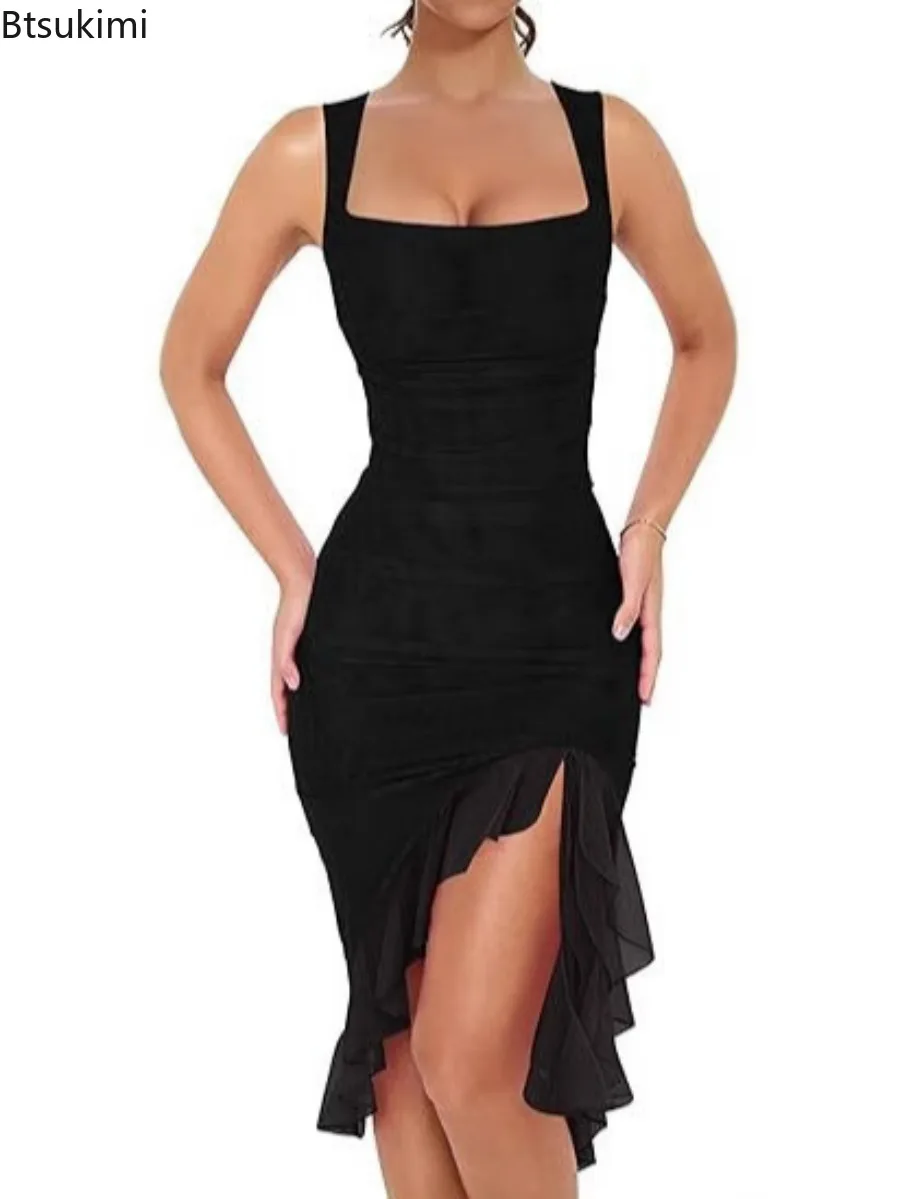 Nowa damska letnia seksowna wyszczuplająca sukienka z falbaną U-Neck bez rękawów nieregularna wieczorowa sukienka klubowa damska ślubna sukienka bandażowa