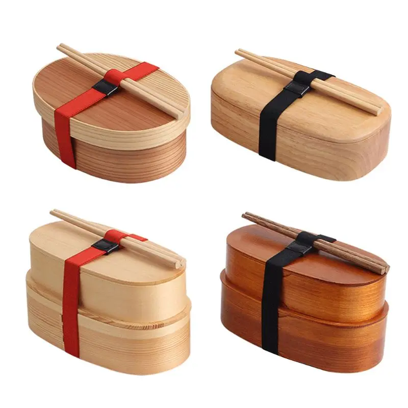 

Wooden Simple Log Bento Box 3 Compartments with Chopsticks Fixed Strap Partition Detachable Multi-purpose Household Items