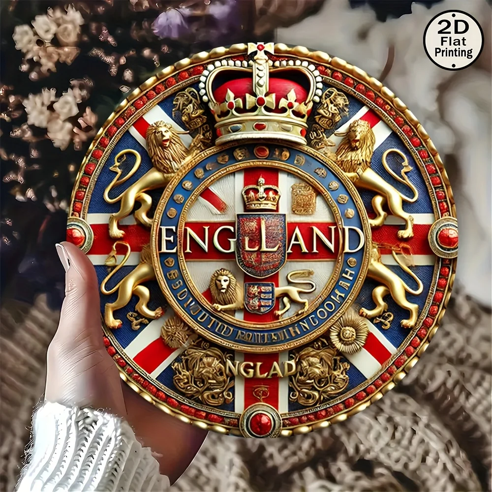1 Stück 2D-Flachdruck, rot-weißes und blaues Kreuzmuster der Flagge England, Vintage wiederverwendbares klassisches 8-Zoll-Rundmetallschild mit