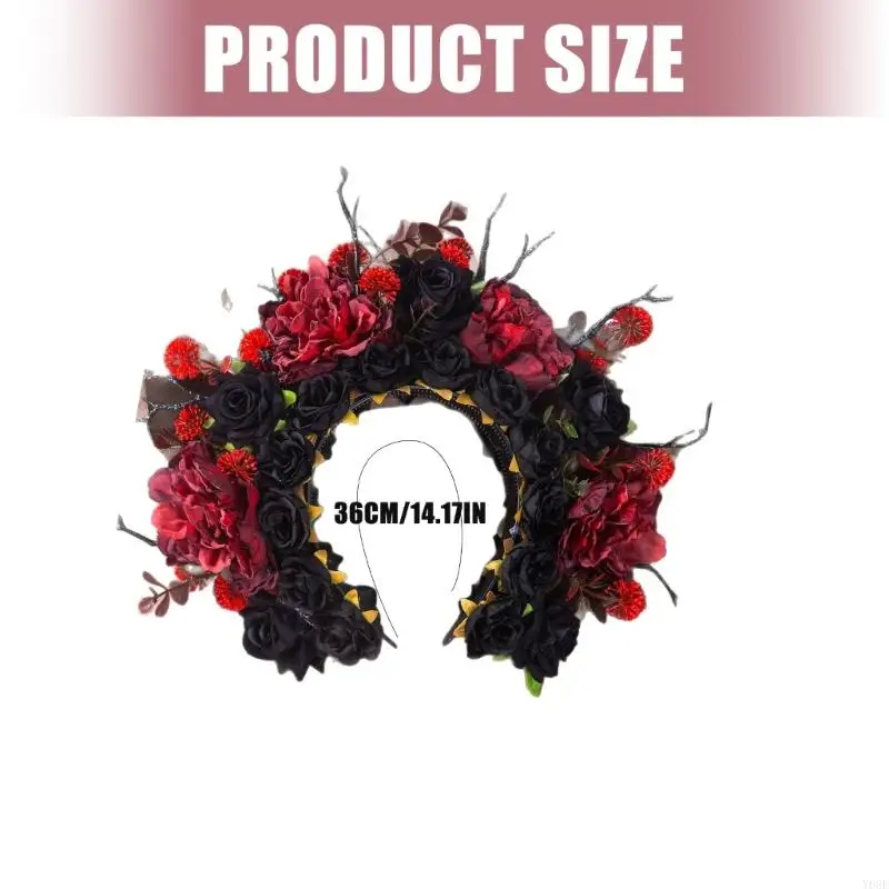 Barock Stil Blumen Stirnband mit Stoff Stoff Rosen für Frauen Gothic Hochzeit Haarschmuck Dunkelschwarz Rot Y08E – Detail 6