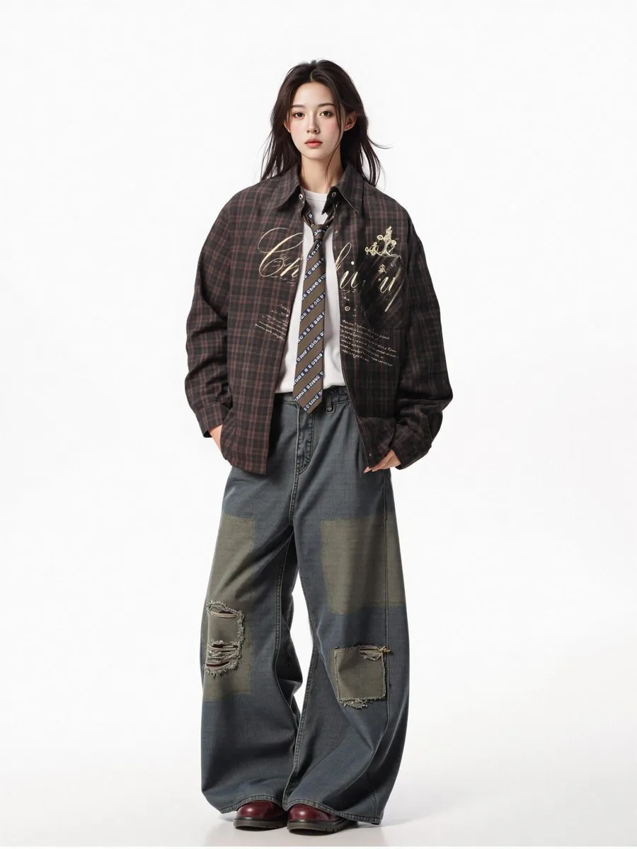 

Grunge Distressed Letters Print Full Sleeve Plaid Goth Shirts Jackets for Women Girls Acamedia Streetwear Winter Fall Overcoats