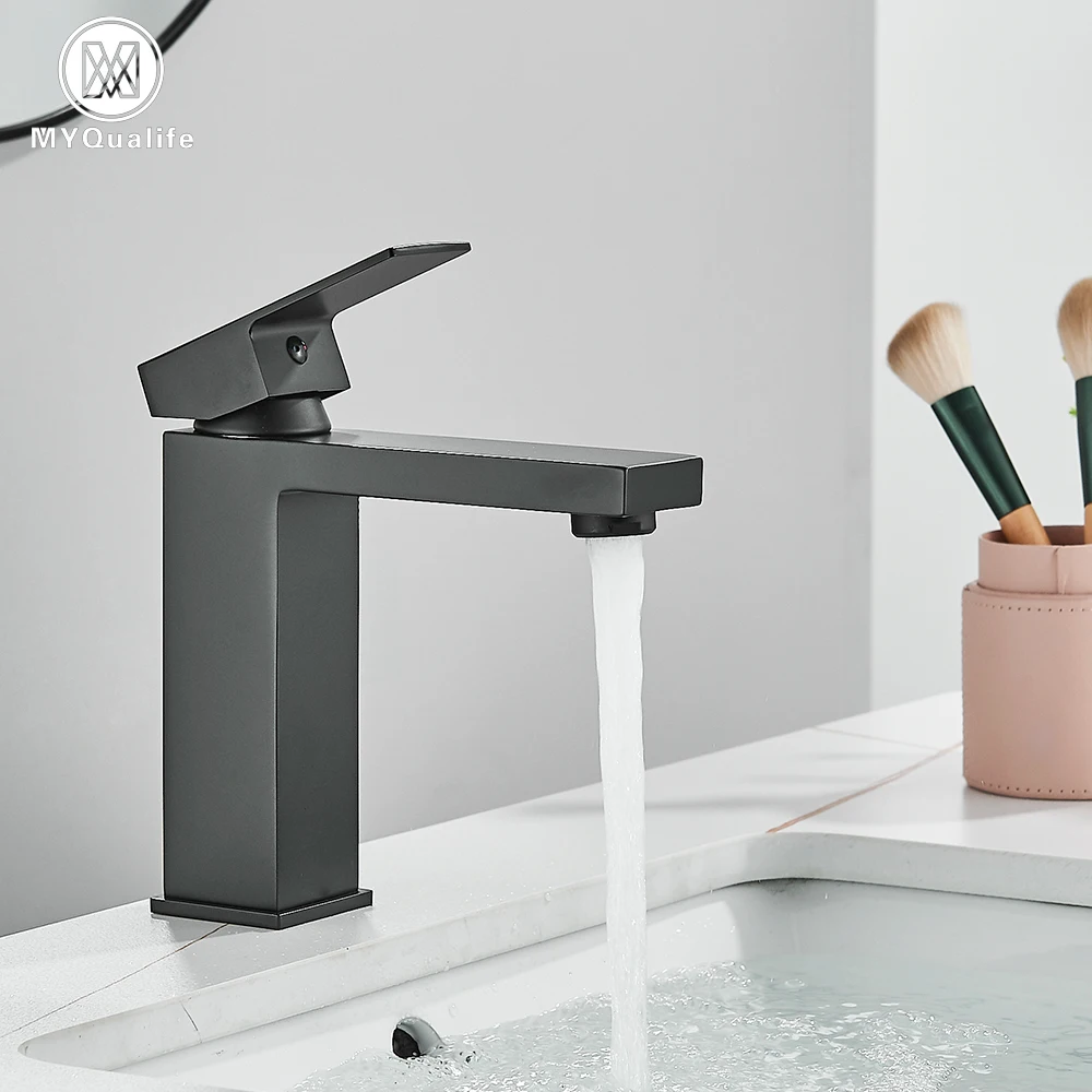 Black Square Basin Faucet Bathroom Washbasin Stainless Steel Tap Hot Cold Water Gold Tall Model Mixer Deck Mounted