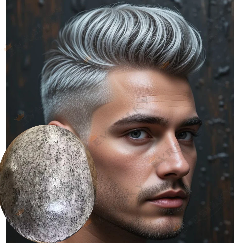 

1B80 1b50 Sliver Gray Hair Freestyle Easy Install Men's Human Hair Cheapest Silicon Toupee Durable Full Thin Skin Replacement