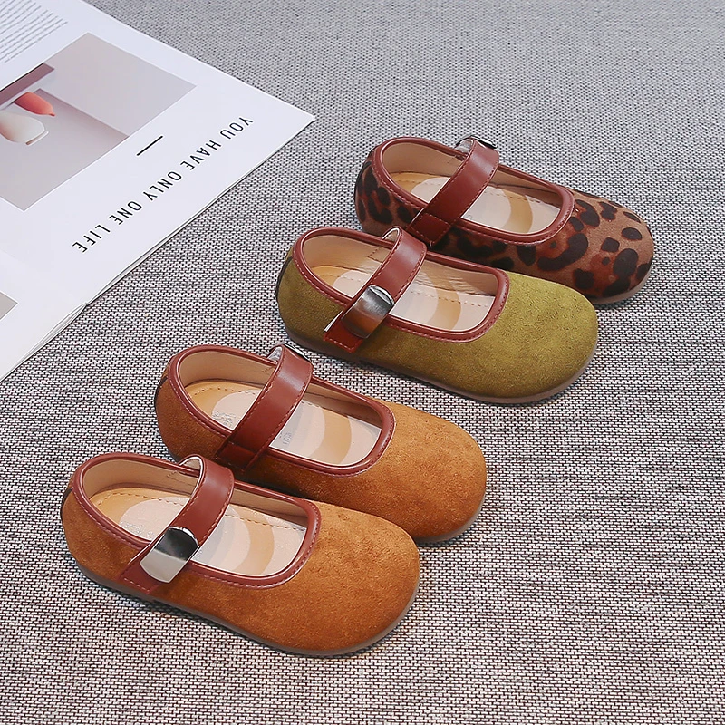 Autumn Girl's Flat Shoes Suede Flexiable Sole Shallow Kids Mary Janes Versatile Minimalist Daily Casual Children Leather Shoe