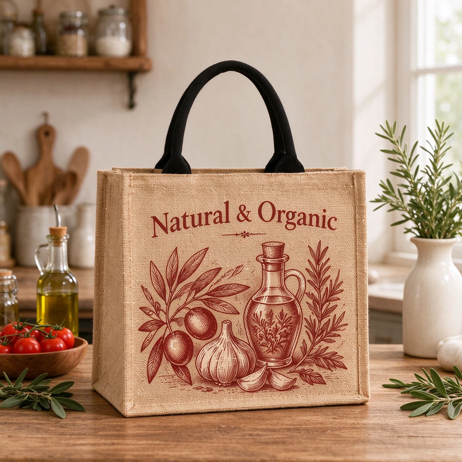 Vintage Natural Organic Olive Oil Garlic Herb Print Jute Tote Bag Reusable Grocery Bag Farmhouse Cooking Lover Gift