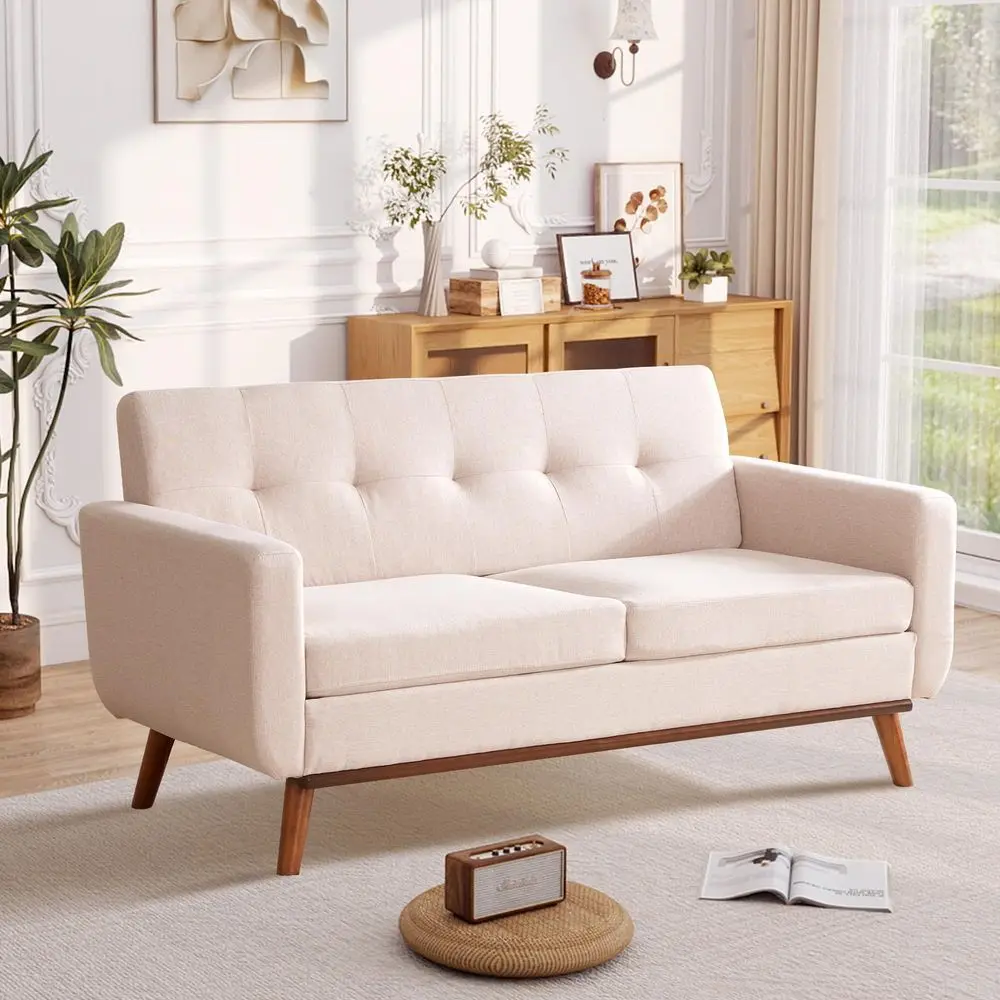 

Inches Suede Leather Couch with Bolster Pillows, Comfy 3 Seater Sofa with Tufted Back Cushions, Modern Couch with Sturdy Legs f