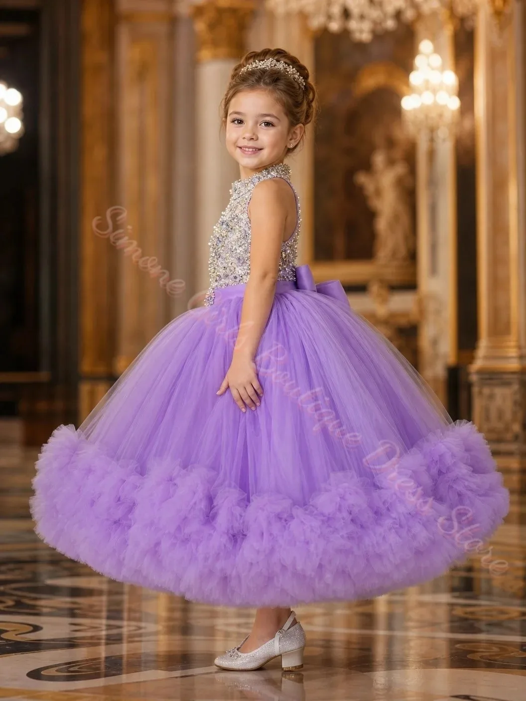 Großhandel Blumenmädchenkleid für Hochzeiten, Tüll, bauschig, mit Perlen, ärmellos, elegant, für Geburtstagsfeiern, Erstkommunion, Ballkleider, nach Maß – Detail 5