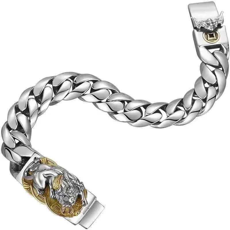 Bracelet Pixiu large en argent massif pour homme, design rétro imposant avec fermoir épais, bijou de poignet porte-bonheur et de richesse, tendance