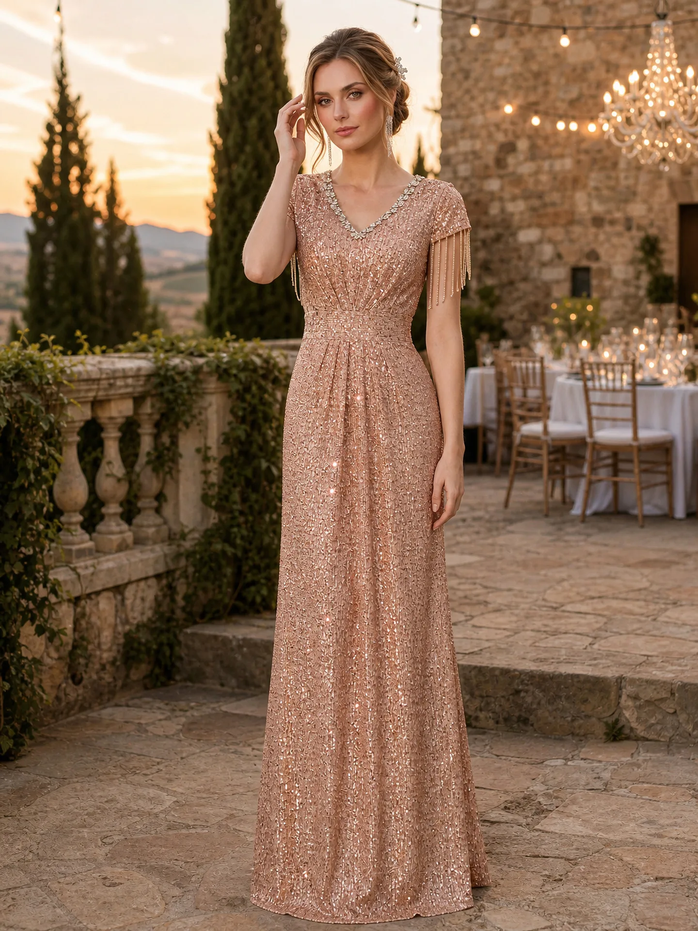 Sparkly Rose Gold Sequin Mother of the Bride Dress V Neck Beaded Fringe Cap Sleeve A Line Floor Length Wedding Gala Party