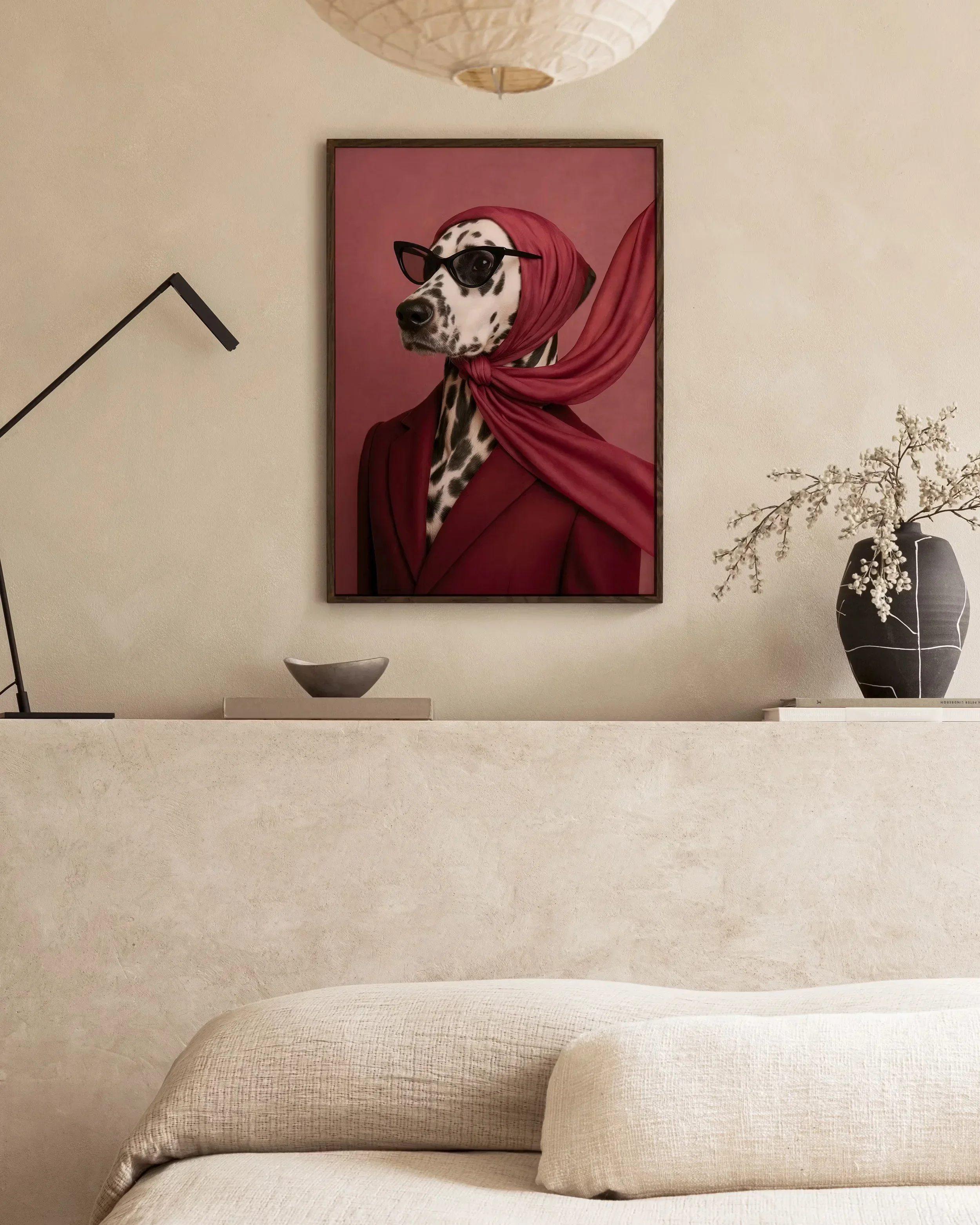 1PCS frameless  Canvas Painting   Dalmatian Canvas Painting Modern Abstract Dog With Red Scarf And Burgundy Cherries Wall