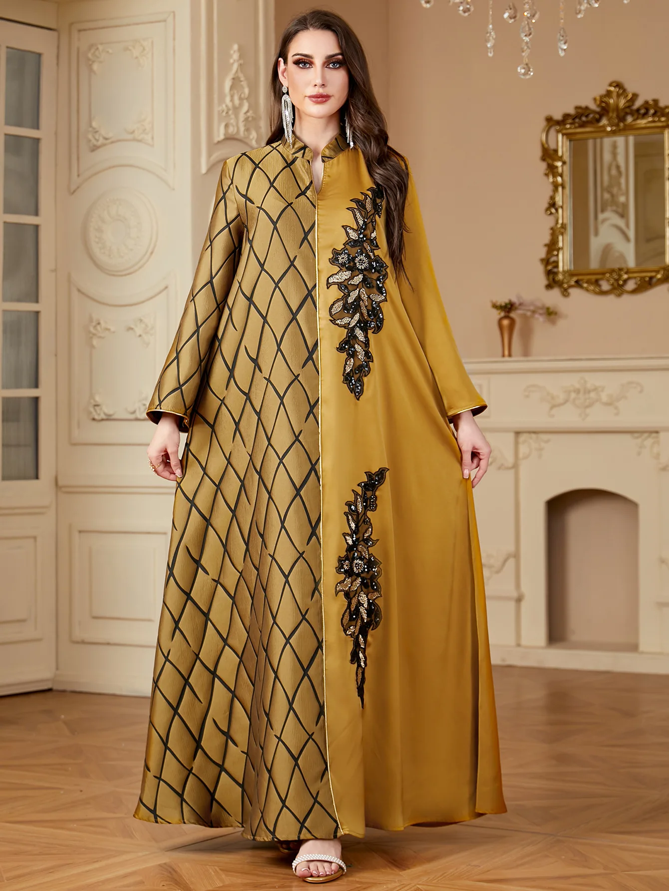 Middle East Cross border Women's Robe Muslim Splicing Color Contrasting Jacquard Embroidery Foreign Trade Arab Dress