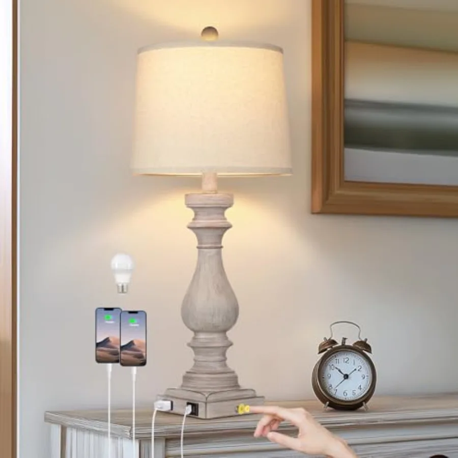 

27.5" Tall Farmhouse Lamp, Wash-Grey Vintage Bedside Lamp with USB Charging Ports A/C, 3-Way Dimmable Touch Control Retro Lamps