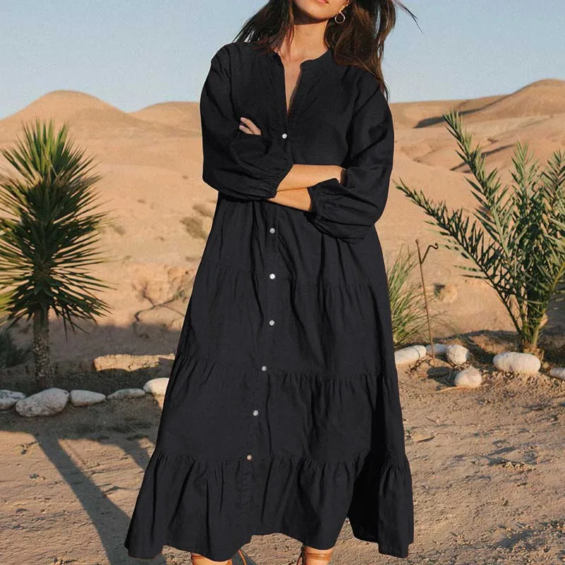 

2025 Autumn New Women's Casual Washed Solid Color Dress Round Neck Commuter Style Fashion Single Breasted Long Dress