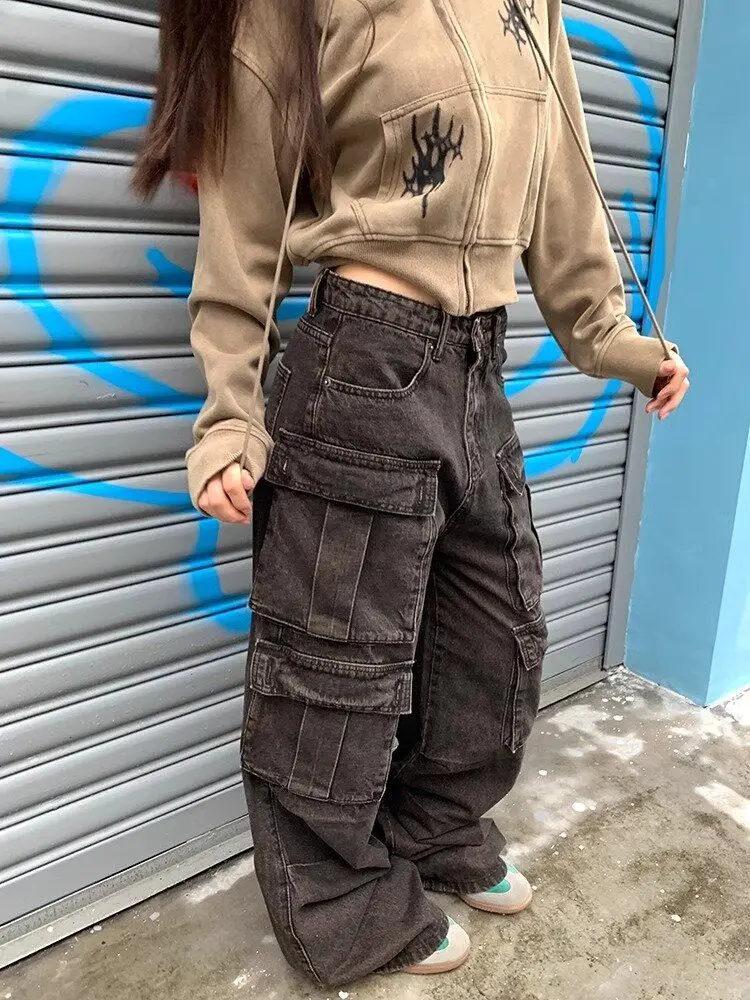 

Deeptown Vintage Washed Women Cargo Jeans Wide Leg American 90s Style Pockets Denim Pants Baggy Hip Hop Trousers Streetwear