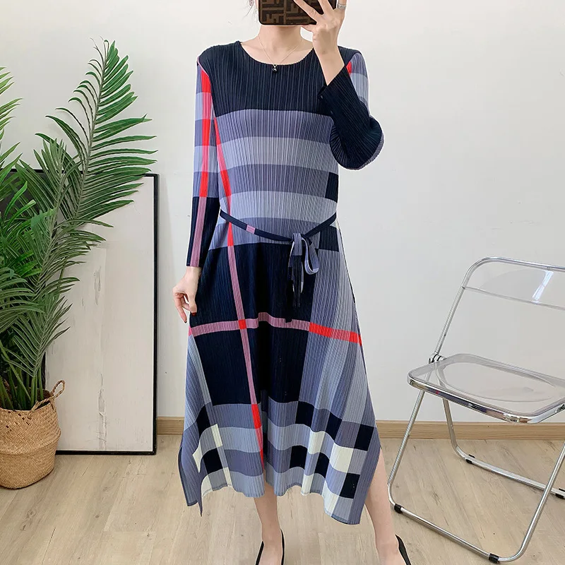 Miyake Pleated Women's High-end Dress 2025 Summer Fashion Temperament Elegant and Thin Plaid Dresses