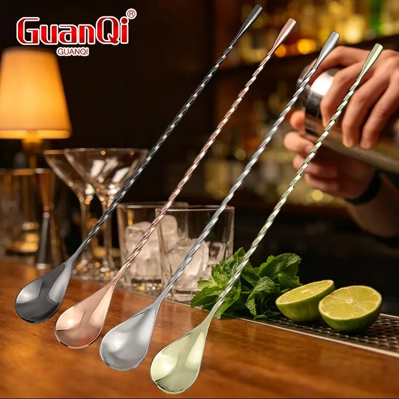 Mixing Cocktail Spoon Long Handle Bar Teadrop Spoon Stir Spoon Spiral Pattern Stainless Steel Bartender Tools Bar Tool