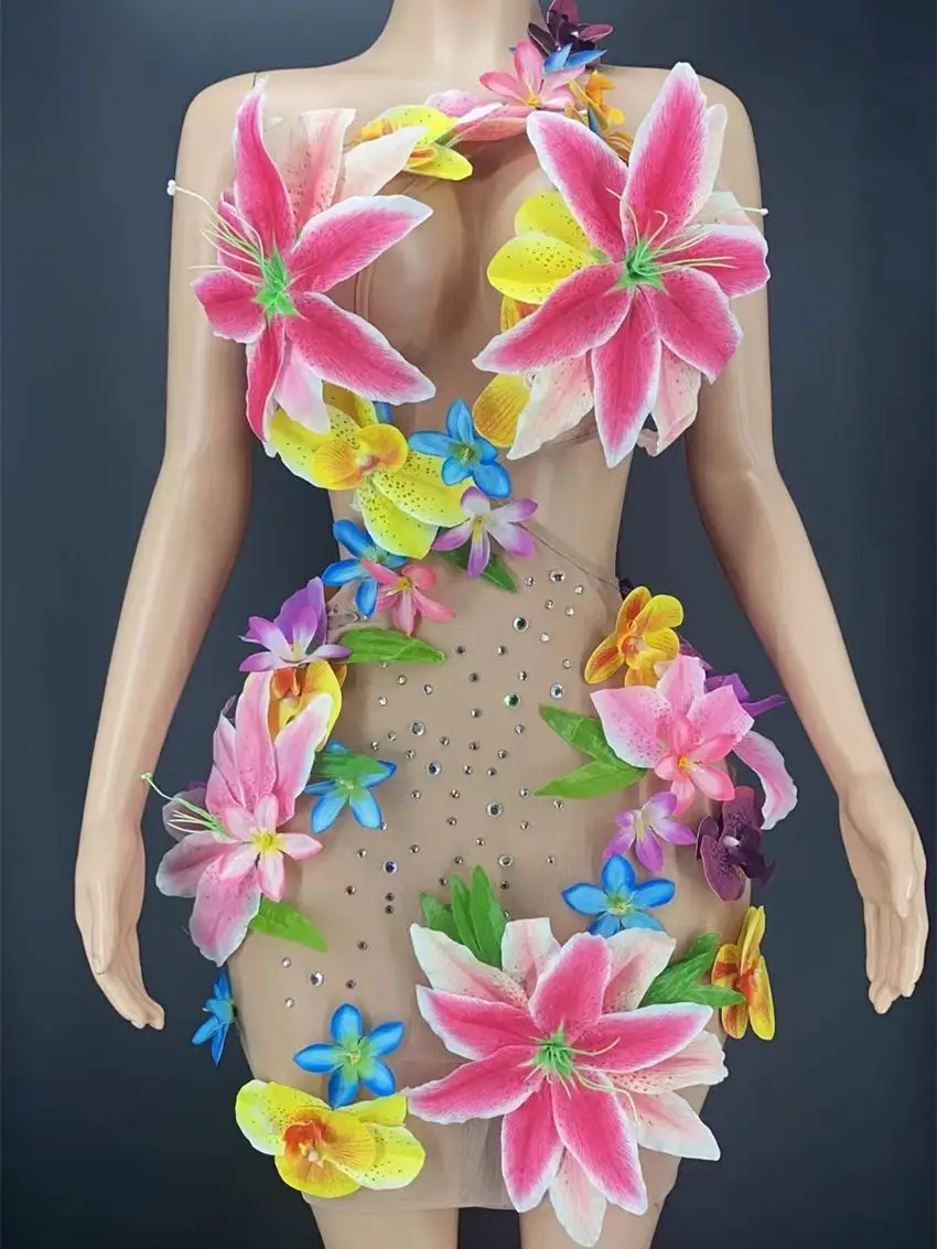 

Colorful See Through Flowers Halter Short Dress Women Party Drag Queen Vegas Showgirl Costume Performance Stage Dance Outfit