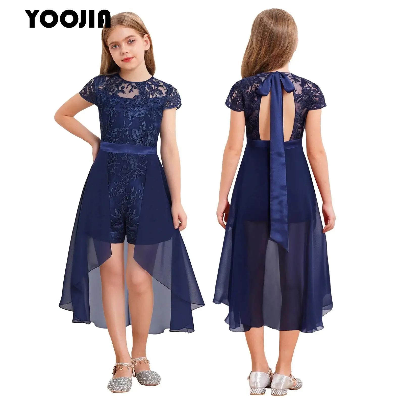 

Kids Girls Party Romper Dress Embroidery Cap Sleeve Bodysuit with Split Chiffon Skirt for Formal Wedding Pageant Banquet Party
