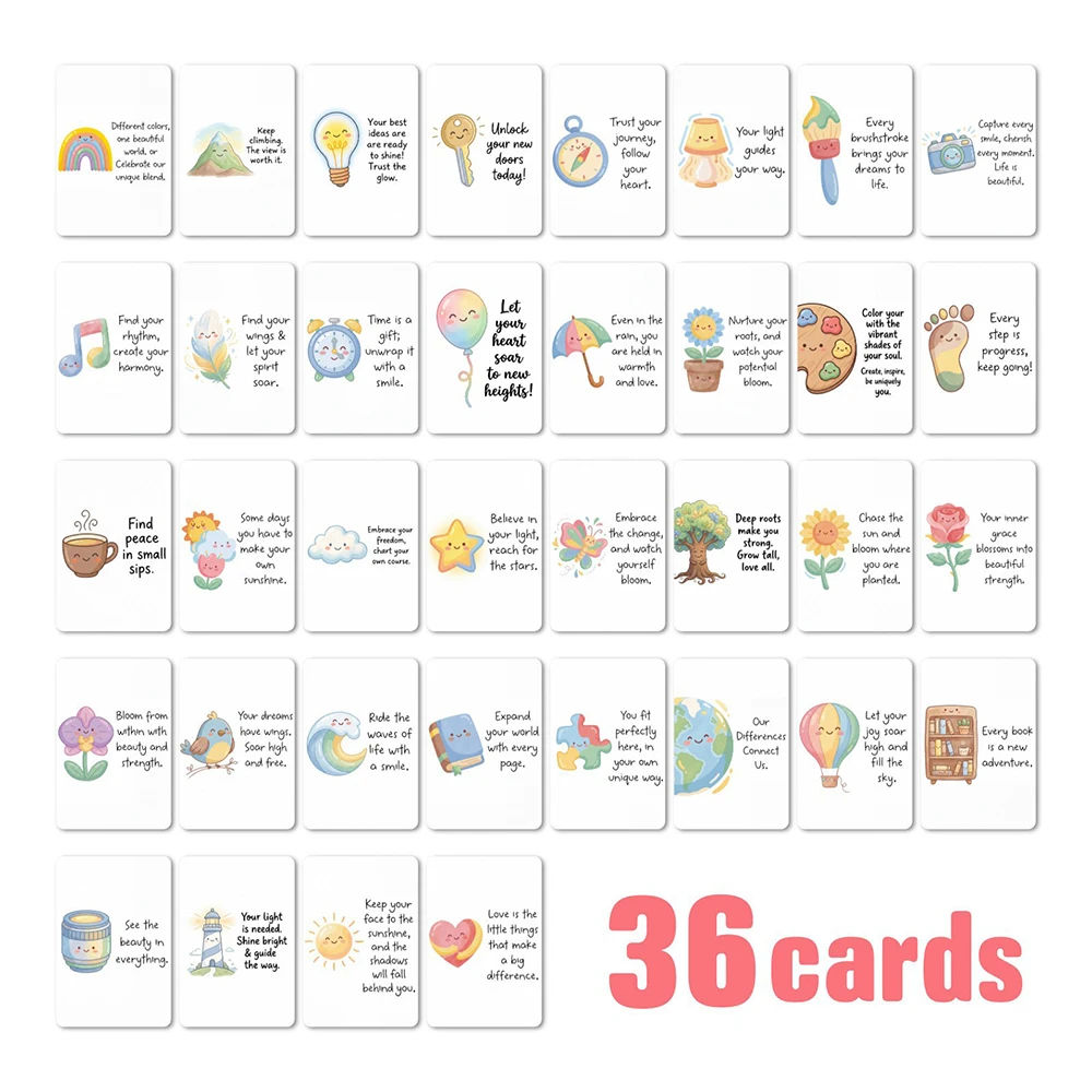 36 cute motivational phrase cards, hand drawn cartoon style, warm and encouraging to others, positive energy motivational cards