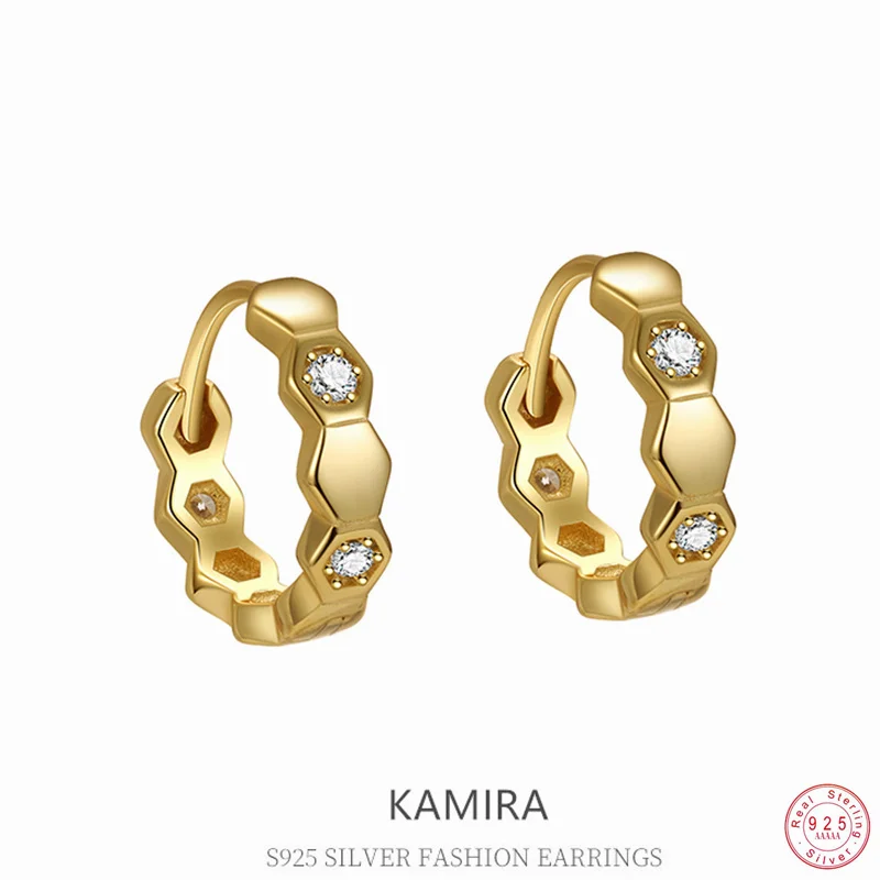 KAMIRA 925 Sterling Silver Geometric Hexagonal Zircon Hug Hoop Earrings for Women Elegant Gentle Wedding Charm Fine Jewelry Gift