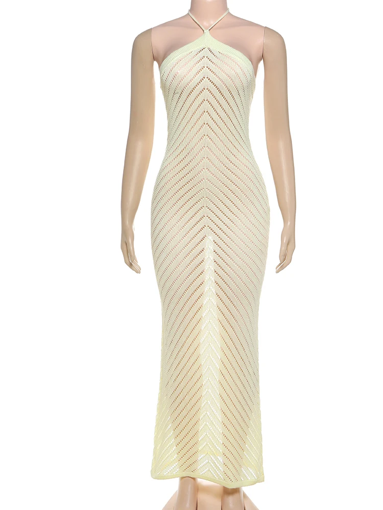 이상한 Puss 섹시한 크로 셰 뜨개질 드레스 여성 휴가 민소매 백리스 스키니 스트레치 비치 미드나잇 우아한 Maxi Bodycon을 통해 볼 수 있습니다.