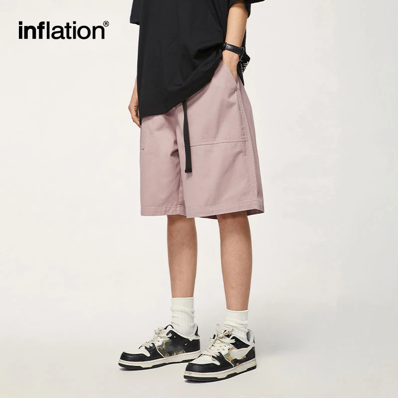 ININFLATION Solid Color Straight Leg Shorts Unisex Harajuku Loose Fit Cargo Shorts with Belt