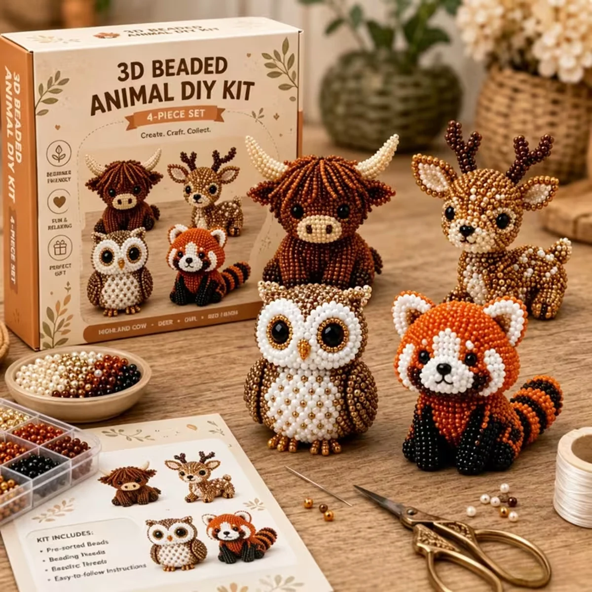 Art Craft Website - ミニ3Dビーズ動物DIYキット、カラフルなビーズと説明書付き、手作りジュエリーとアートクラフトセット、創造的なプロジェクトや家の装飾に最適、自己組み立てが必要