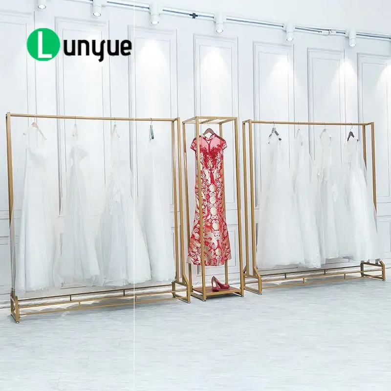 Golden Floor to Ceiling Wedding Dress Display Rack Studio Shelf Hanger for Bridal Store Gown Hanging Storage Organizer