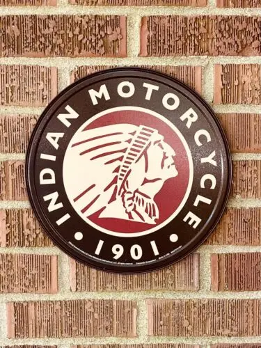 Indian Logo Round 1901 HOME / GARAGE TIN SIGN Vintage motorcycle 11.75”Dia.