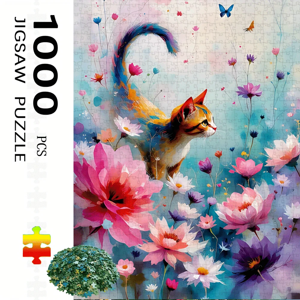 

1000 шт. бумажная головоломка с цветочным котом — яркий разноцветный цветочный дизайн с игривым оранжевым котенком-табби, идеально подходит для взрослых и семьи