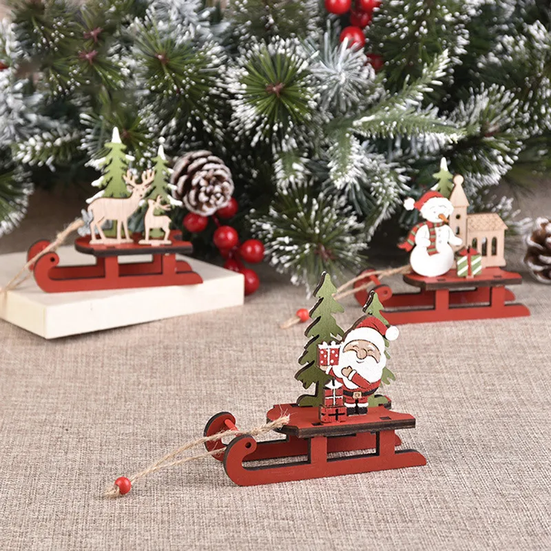 Christmas Ornaments Wooden Sleigh Santa Claus Snowman Elk Sled Pendant For Christmas Tree Home Party Decor Xmas Decoration Gift