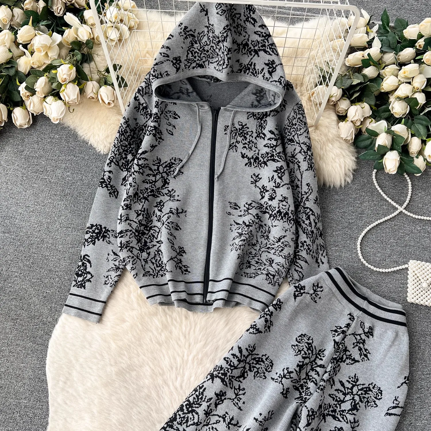 Fashion Floral Print Knitted Two Piece Set Women Autumn Winter Long Sleeve Hooded Cardigan + Pants Suit Outfits