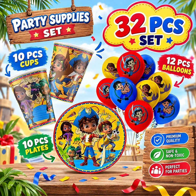 Santiago of The Seas Cartoon Disposable Party Supplies Paper Cup Plate Balloon for Indoor and Outdoor Birthday Party Decoration