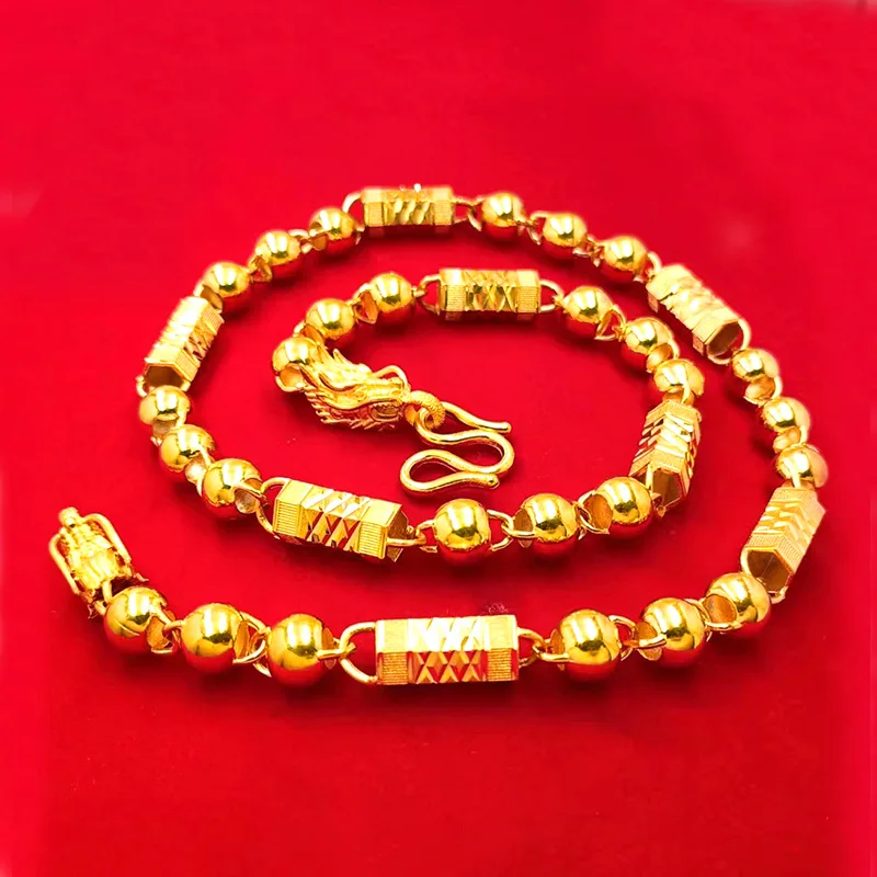 9999 Gold 10mm Men's Faucet Necklace with Bold Hexagonal Round Beads and Engraved Chain